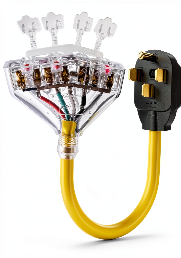 Rophor RV Power Adapter Cord plugged into a generator at a campsite